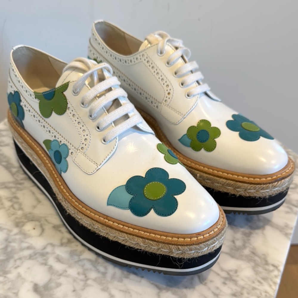 Floral  Prada Platform Women's Shoes - White and Green